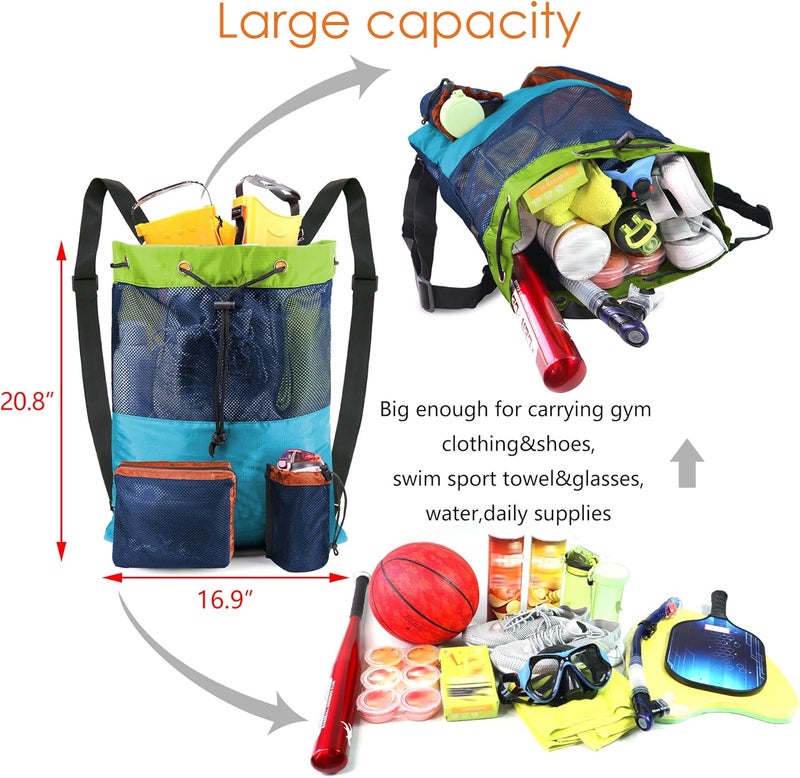 BeeGreen Gym Bags for Men Women Mesh Drawstring Backpack for Swim Sports Workout Gear Gifts for Swimmers Beach Pool Wrestling Backpack Cinch Bag With 3 Pockets Green Blue - Image 4